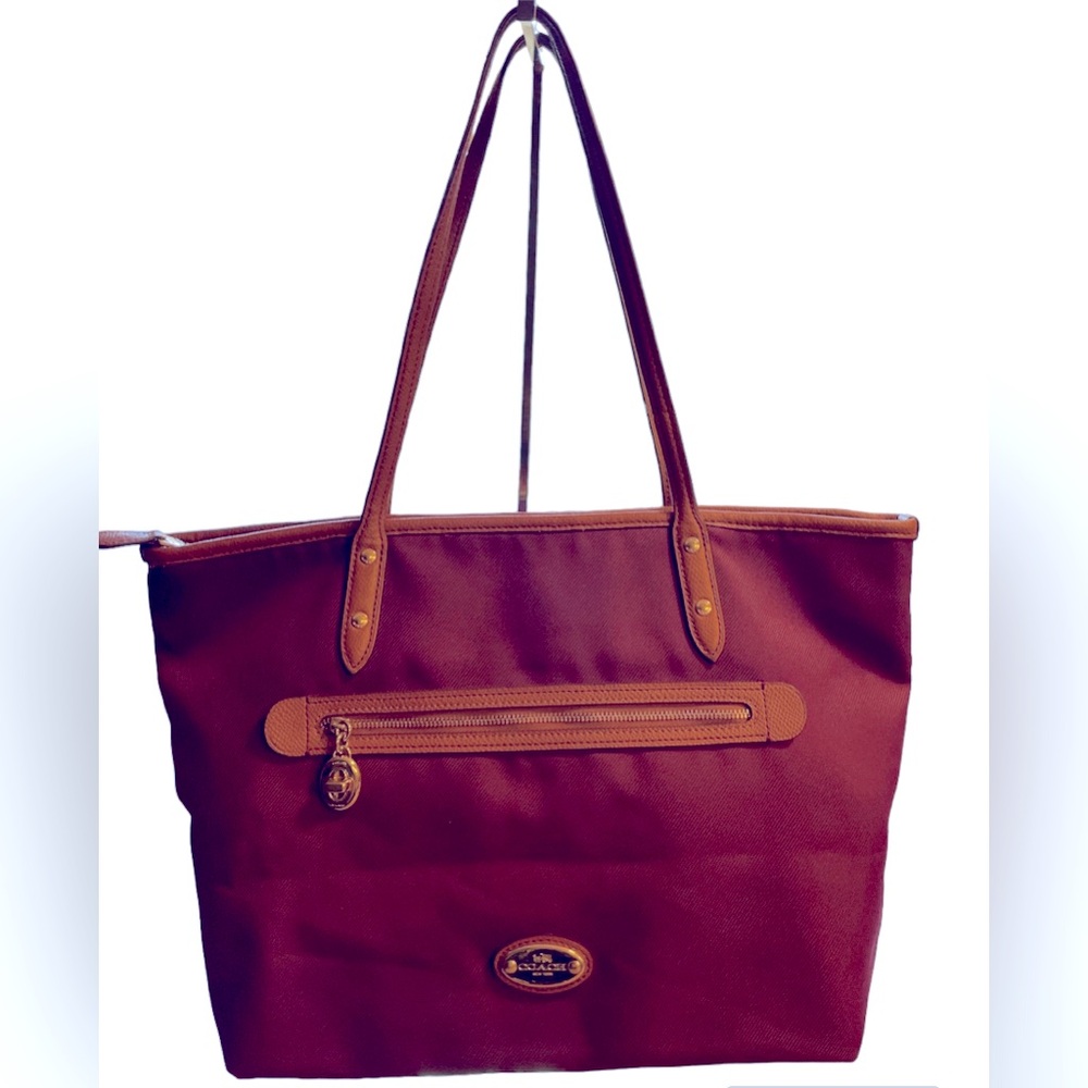 COACH - Zippered leather/canvas tote/shoulder bag in dark plum color!!!